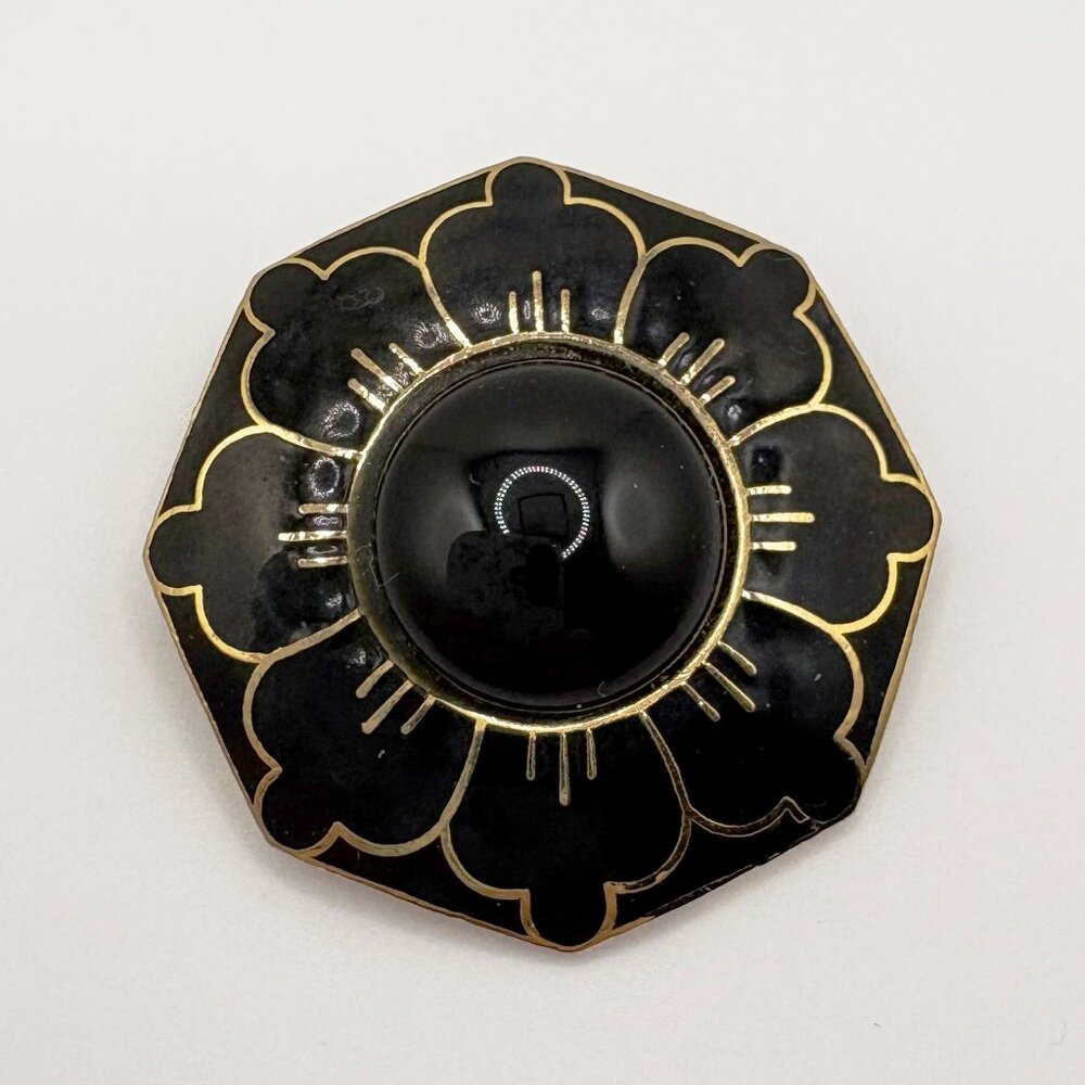 Vintage 1980s Flower Brooch Black and Gold Signed MONA SO Excellent Condition